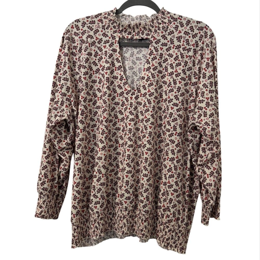 Torrid Micro Floral Top Size 2X Beige Choker Neck Smocked Bottom Feminine Blouse